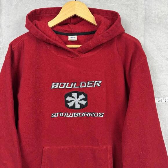 VTG Y2K Old Navy Skate Polar Fleece Boulder Snowboards Hoodie Sweatshirt Red XL - Picture 2 of 8